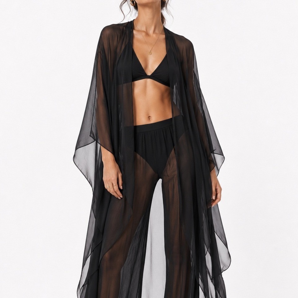 City Chic Black Sheer Chiffon Maxi Kimono Cardigan Duster Xl Open Front Layering